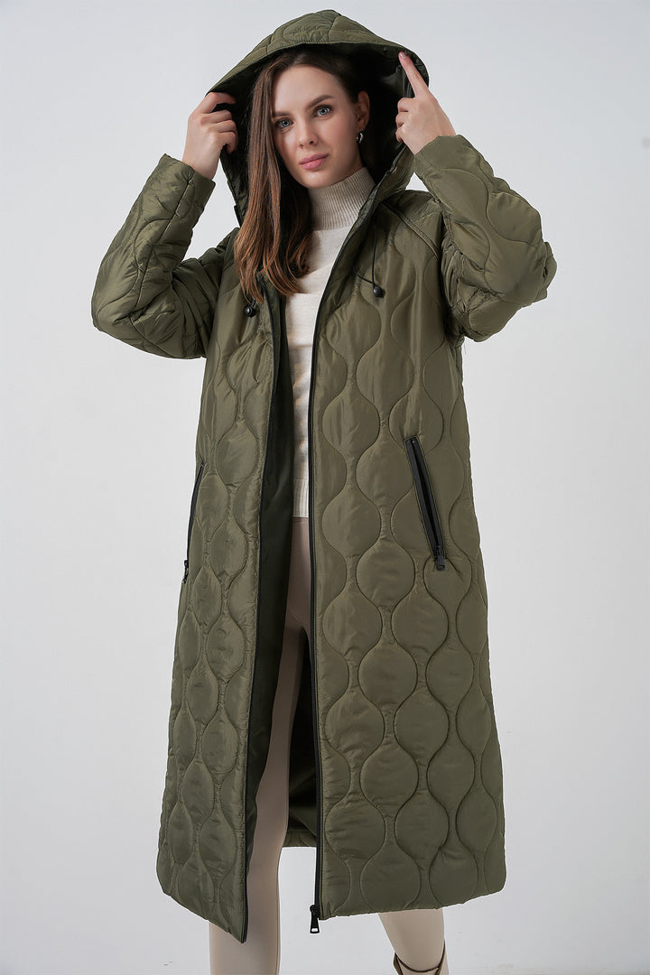 BGD Women Kapüşonlu Uzun Kapitone Mont - Haki - Výronas