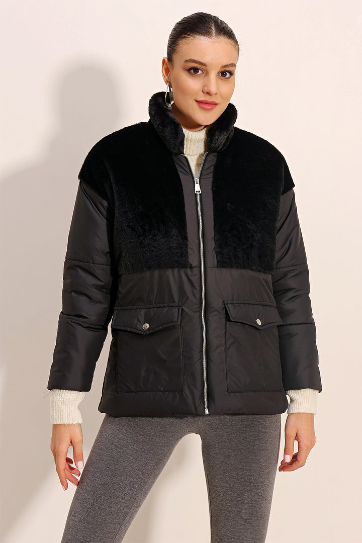 BGD Women Artificial Fur Detailed Puffer Jacket - Black - Santa Clarita