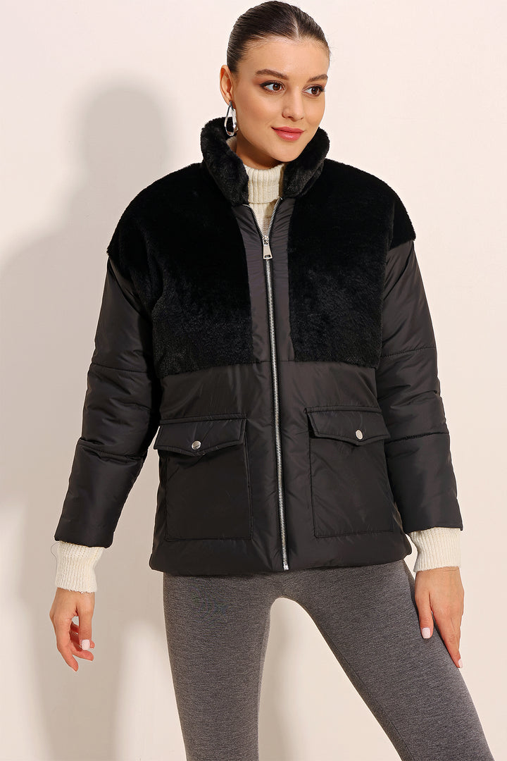BGD Women Artificial Fur Detailed Puffer Jacket - Black - Santa Clarita
