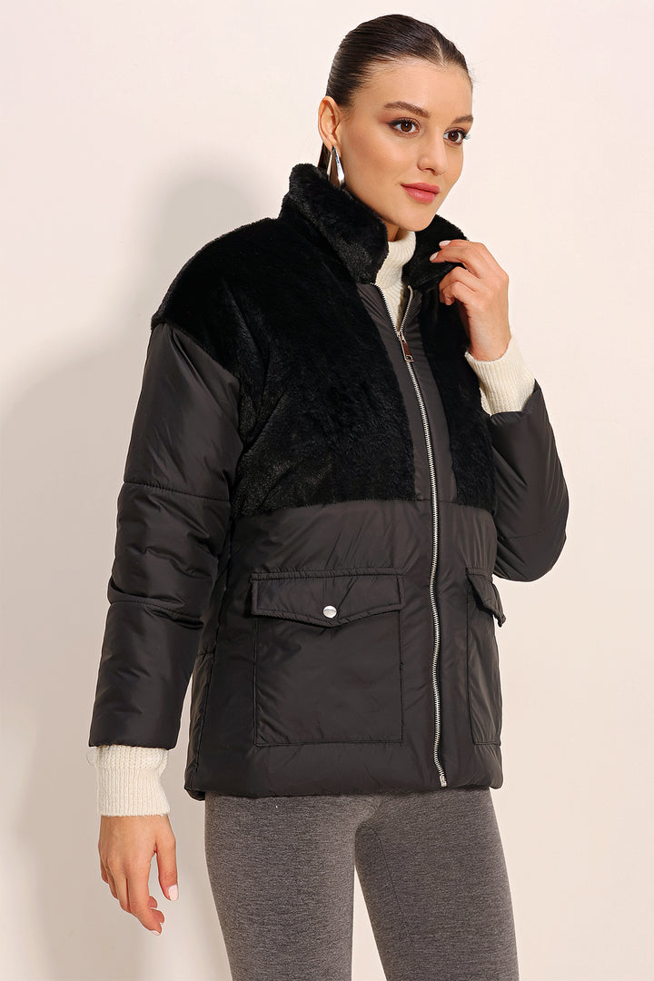 BGD Women Artificial Fur Detailed Puffer Jacket - Black - Santa Clarita