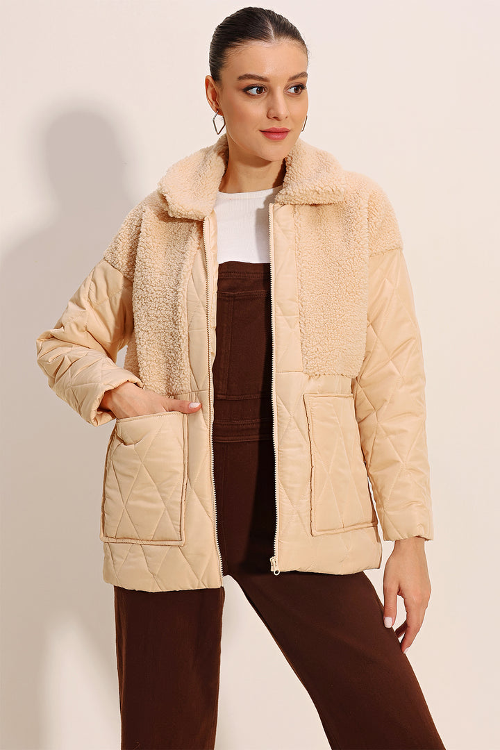 BGD Women Plush Detailed Oversized Puffer Jacket - Beige - Somerville