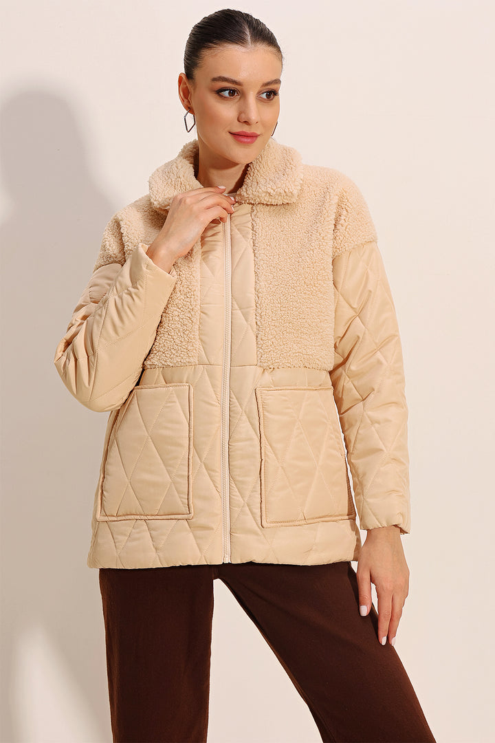 BGD Women Plush Detailed Oversized Puffer Jacket - Beige - Somerville
