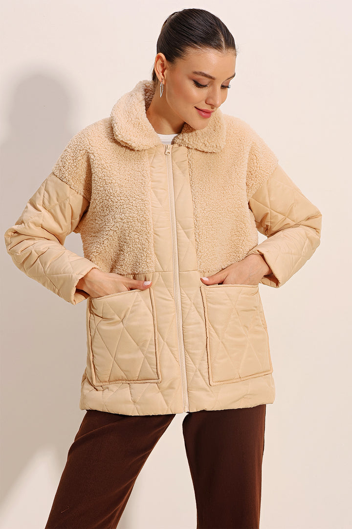 BGD Women Plush Detailed Oversized Puffer Jacket - Beige - Somerville