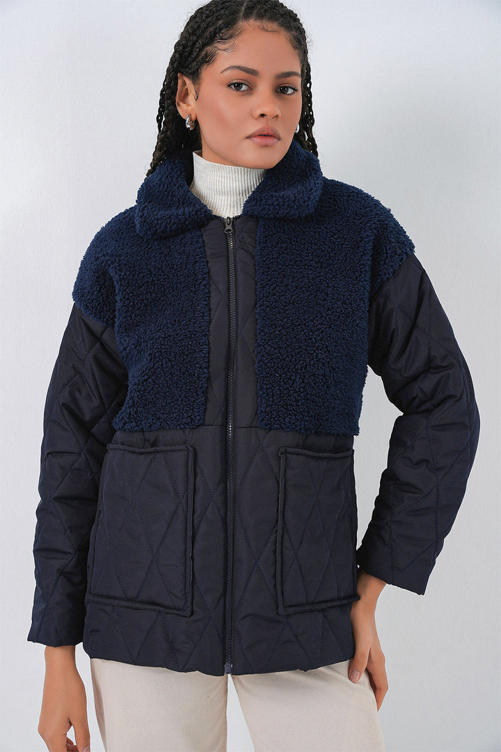 BGD Women Plush Detailed Oversized Puffer Jacket - Navy - Ocuilan de Arteaga