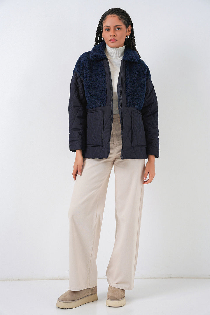 BGD Women Plush Detailed Oversized Puffer Jacket - Navy - Ocuilan de Arteaga