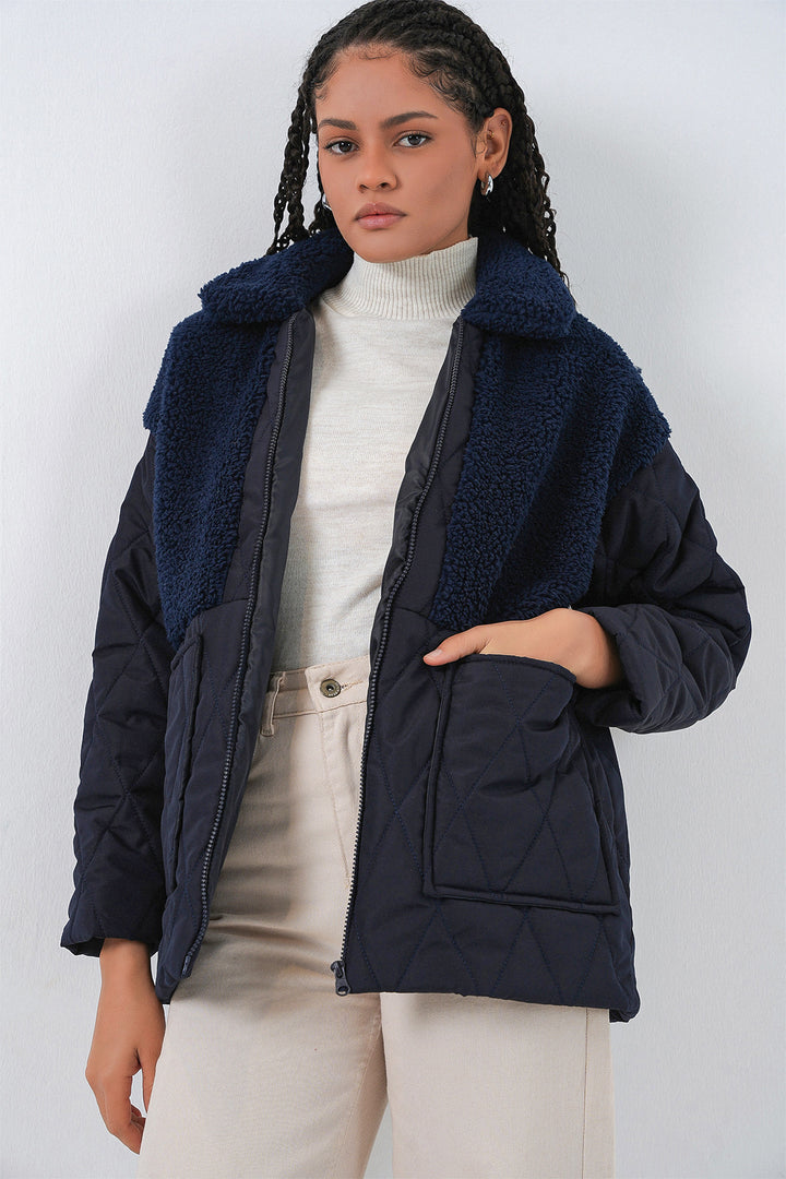 BGD Women Plush Detailed Oversized Puffer Jacket - Navy - Ocuilan de Arteaga