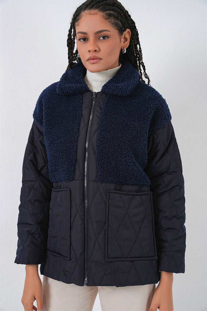BGD Women Plush Detailed Oversized Puffer Jacket - Navy - Ocuilan de Arteaga