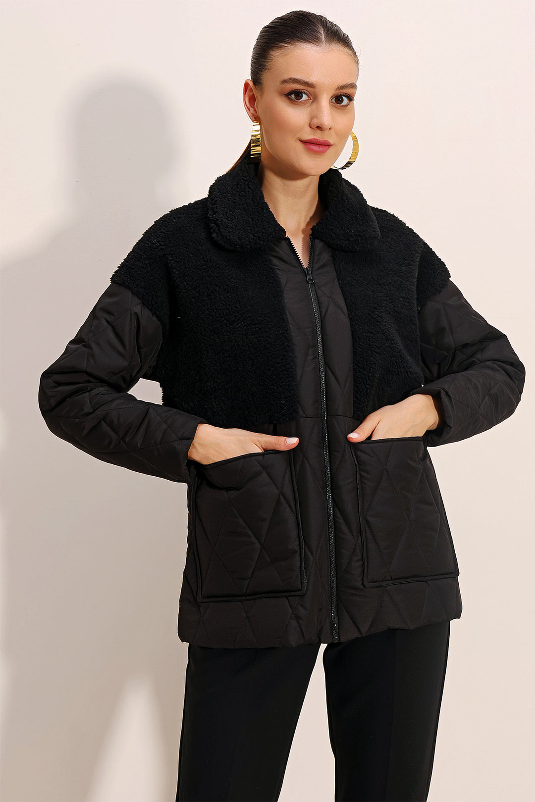 BGD Women Plush Detailed Oversized Puffer Jacket - Black - Braintree