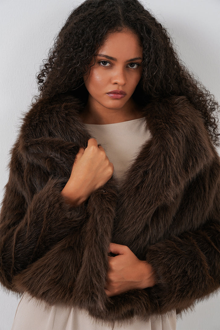 BGD Women Double-Breasted Plush Fur Coat - Brown - Saronno