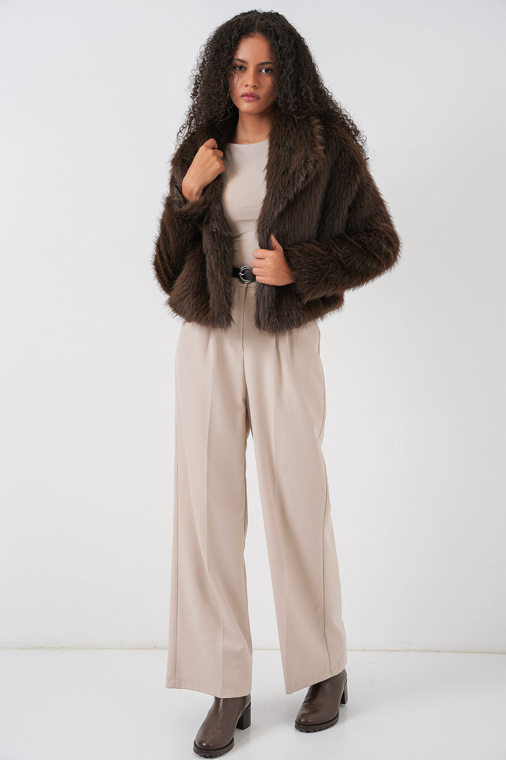 BGD Women Double-Breasted Plush Fur Coat - Brown - Saronno