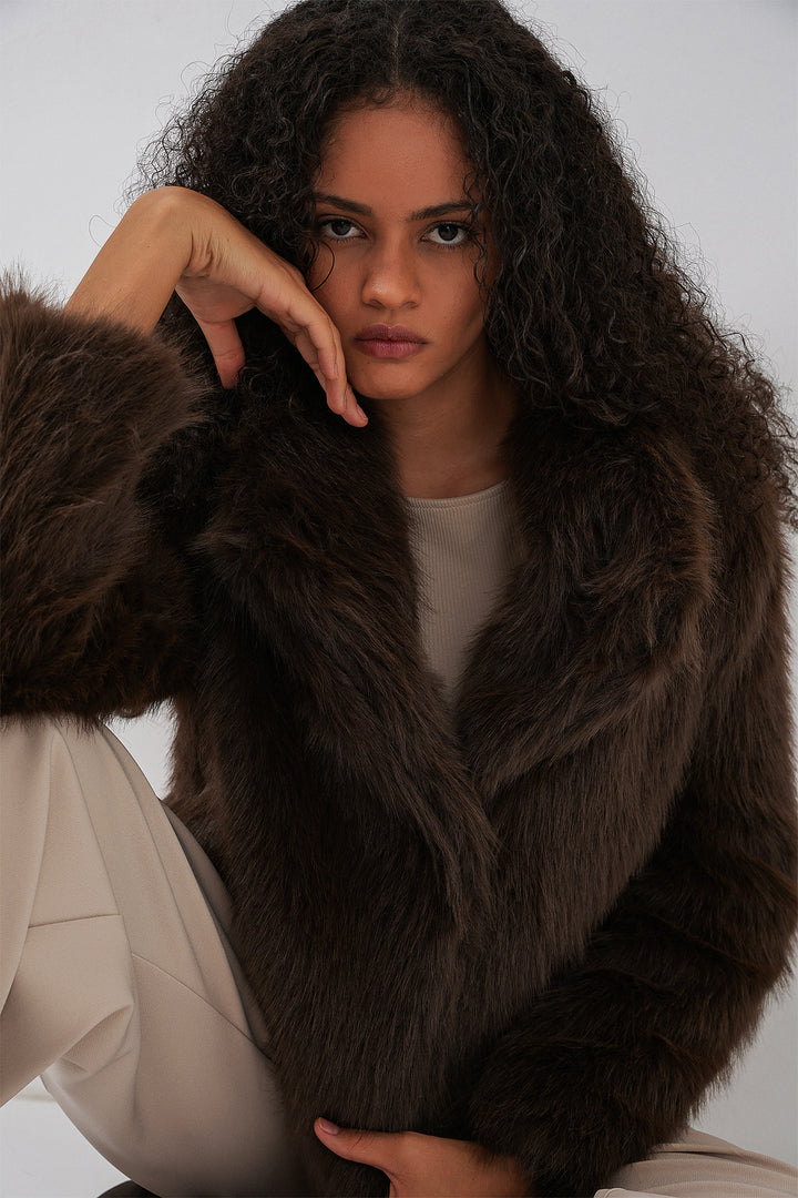 BGD Women Double-Breasted Plush Fur Coat - Brown - Saronno