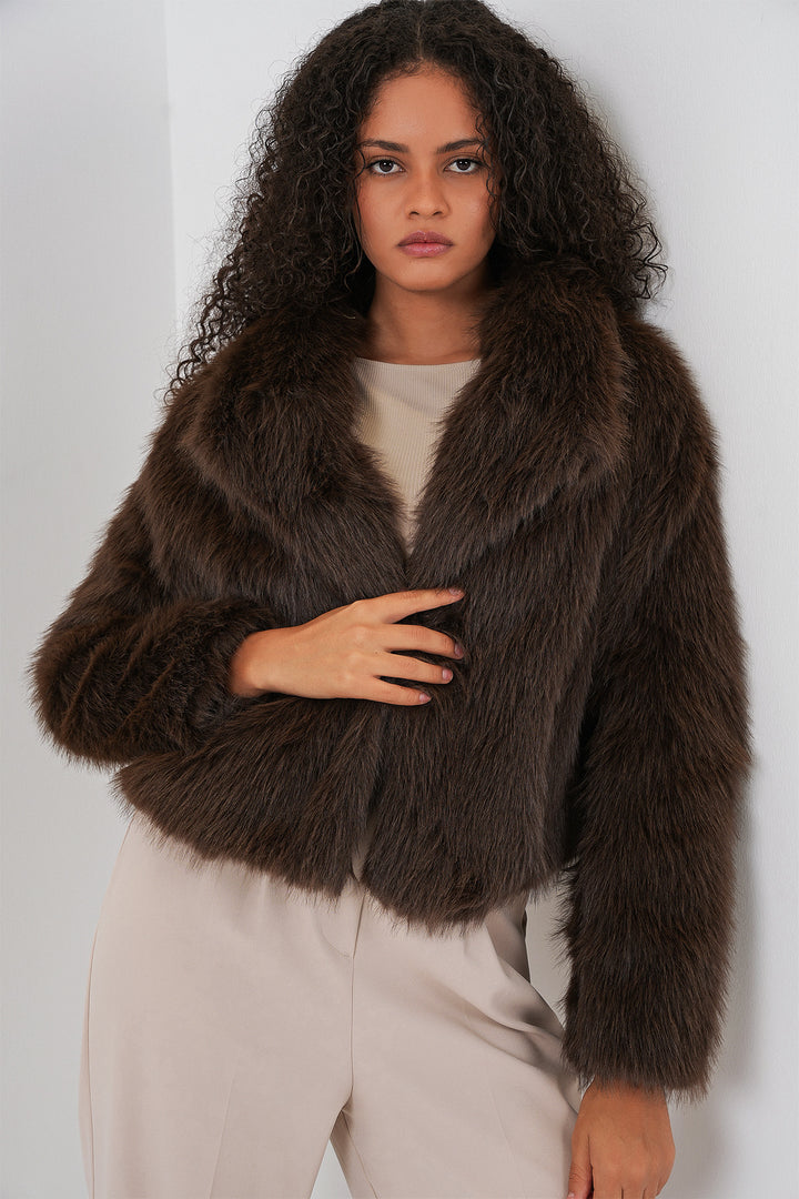BGD Women Double-Breasted Plush Fur Coat - Brown - Saronno