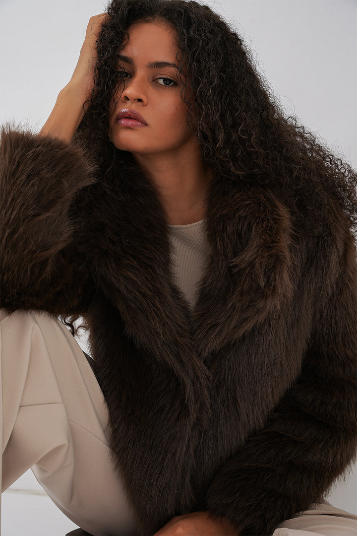 BGD Women Double-Breasted Plush Fur Coat - Brown - Saronno