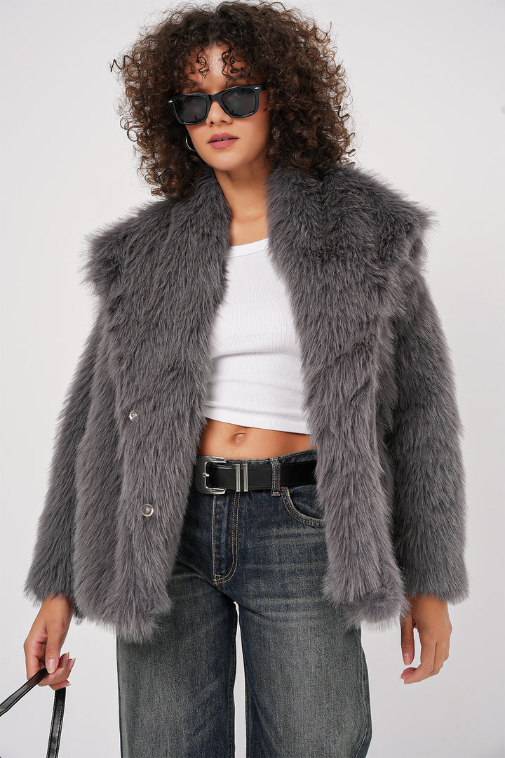 BGD Women Wrap Plush Fur Coat - Anthracite - Brighton