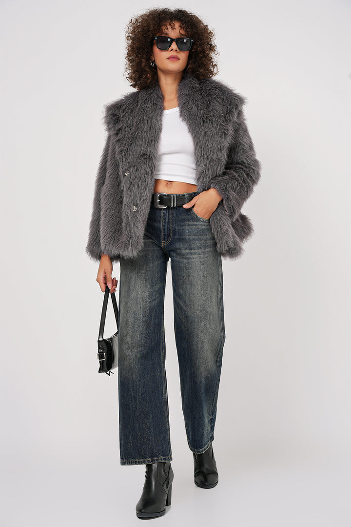 BGD Women Wrap Plush Fur Coat - Anthracite - Brighton