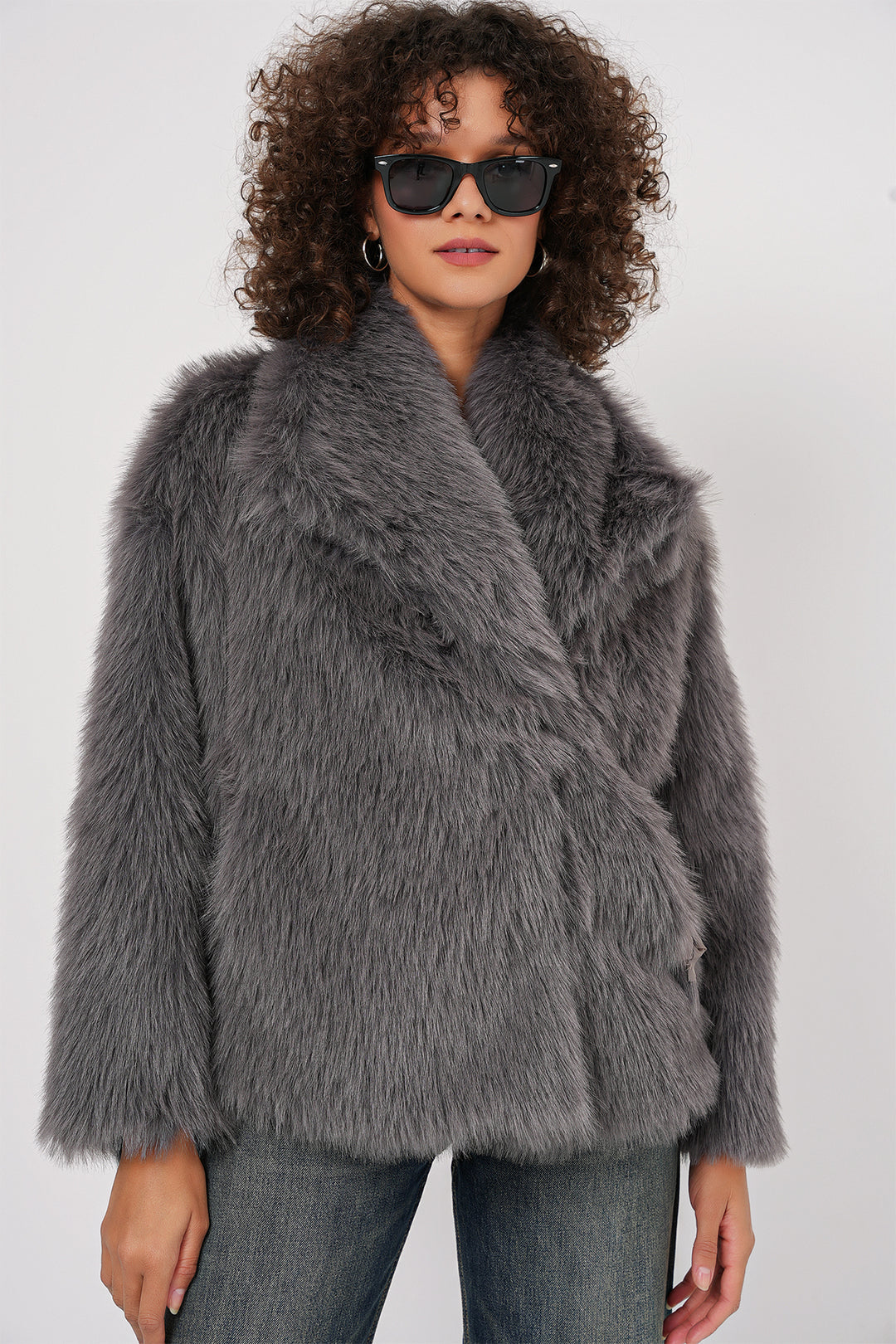 BGD Women Wrap Plush Fur Coat - Anthracite - Brighton
