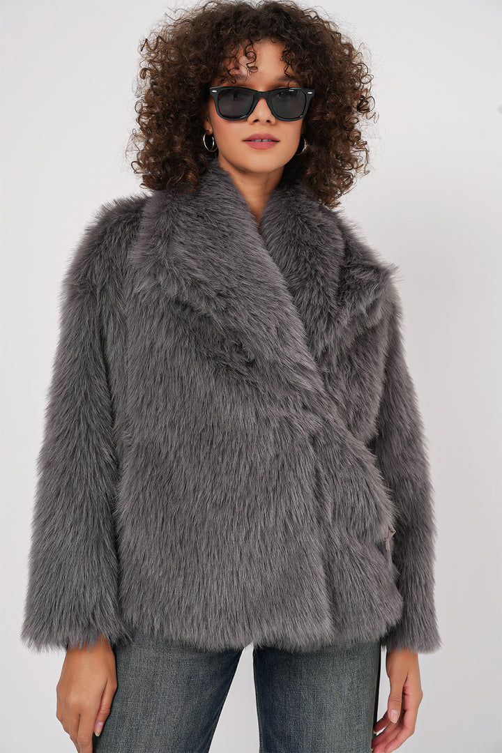 BGD Women Wrap Plush Fur Coat - Anthracite - Brighton