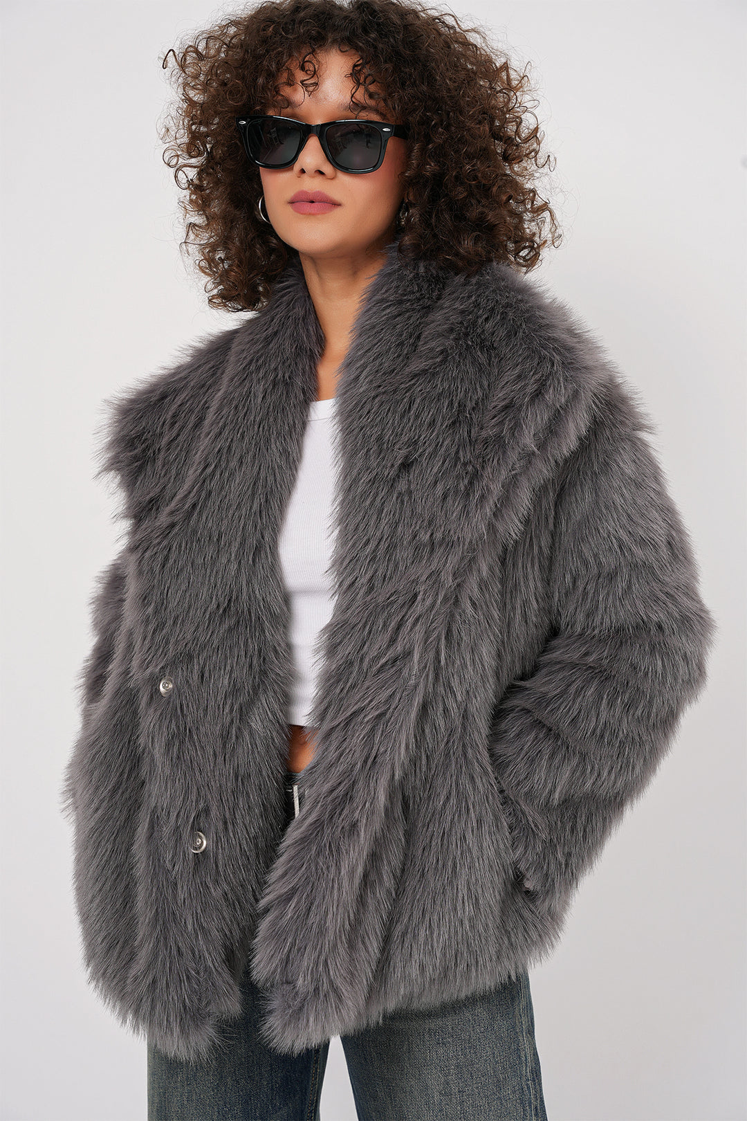 BGD Women Wrap Plush Fur Coat - Anthracite - Brighton