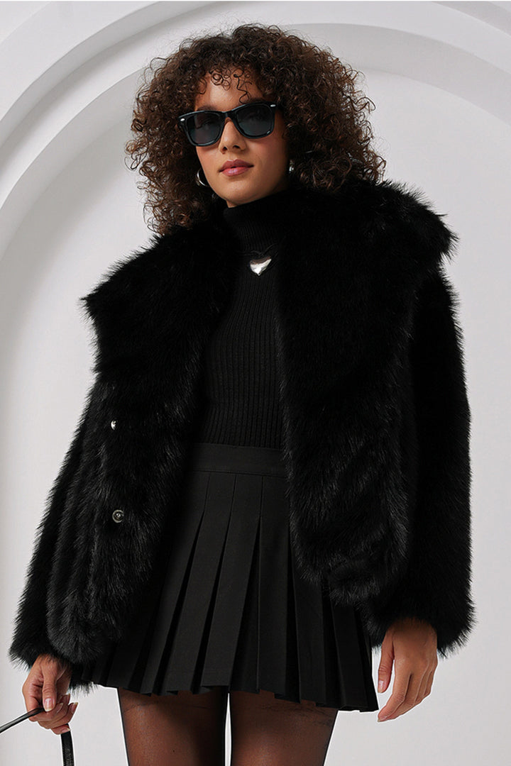 BGD Women Double-Breasted Plush Fur Coat - Black - Wayne