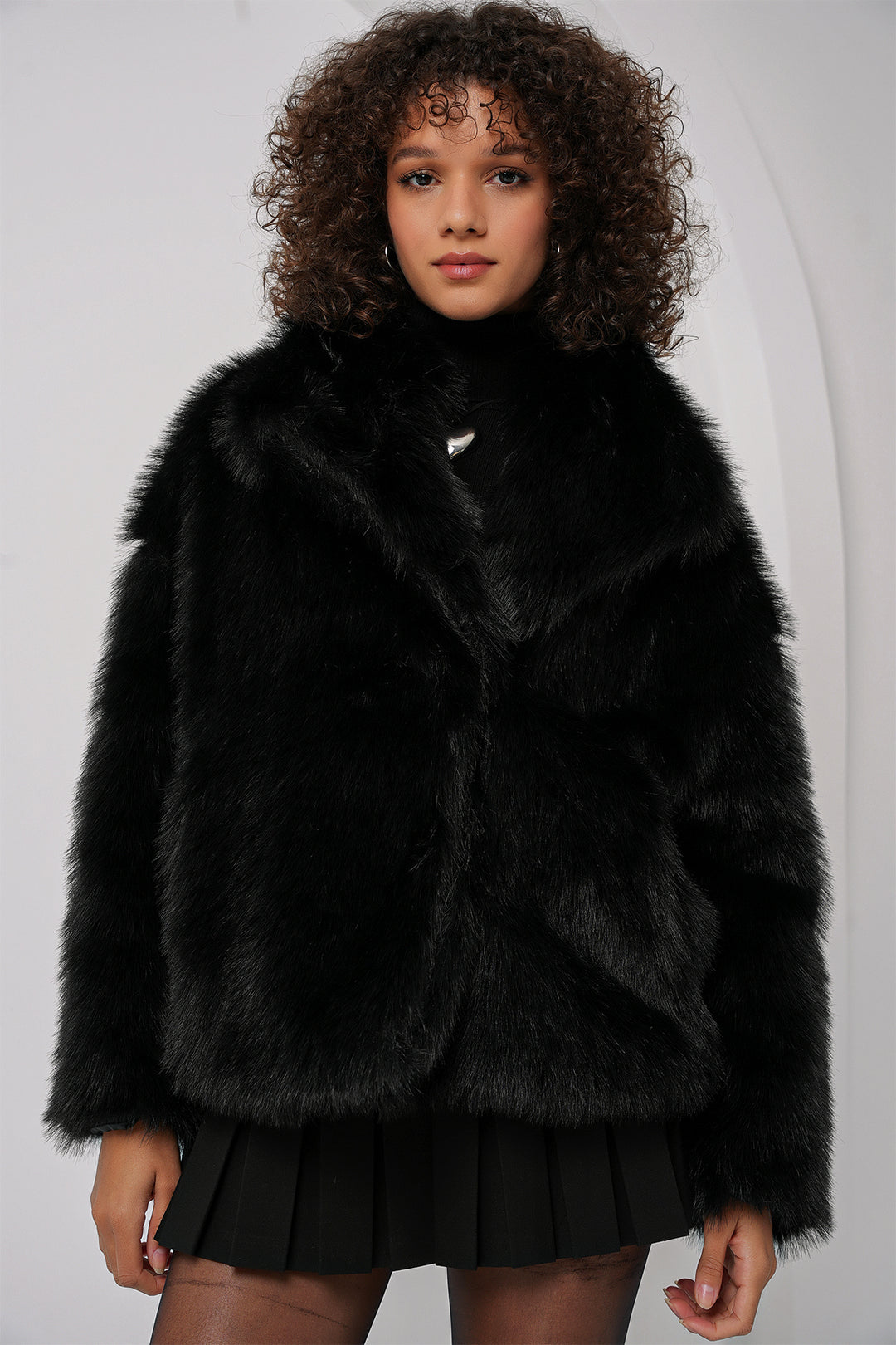 BGD Women Double-Breasted Plush Fur Coat - Black - Wayne