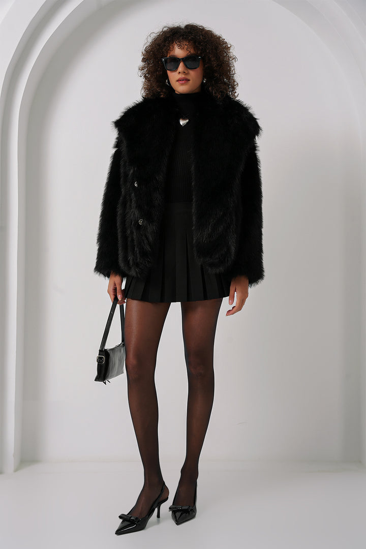 BGD Women Double-Breasted Plush Fur Coat - Black - Wayne