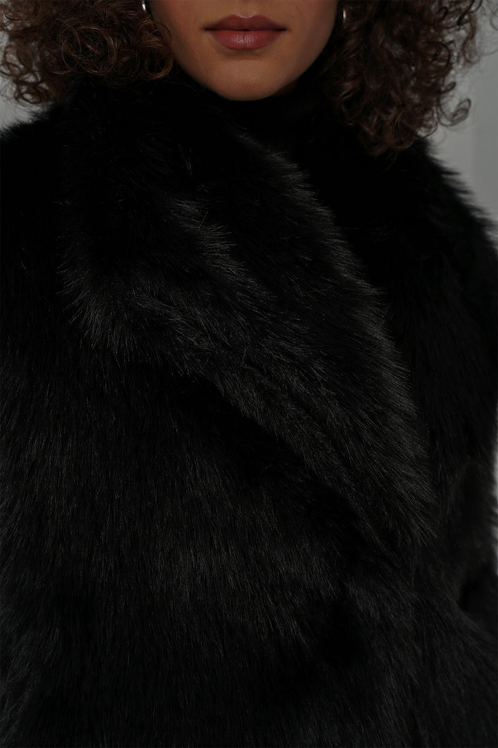 BGD Women Double-Breasted Plush Fur Coat - Black - Wayne