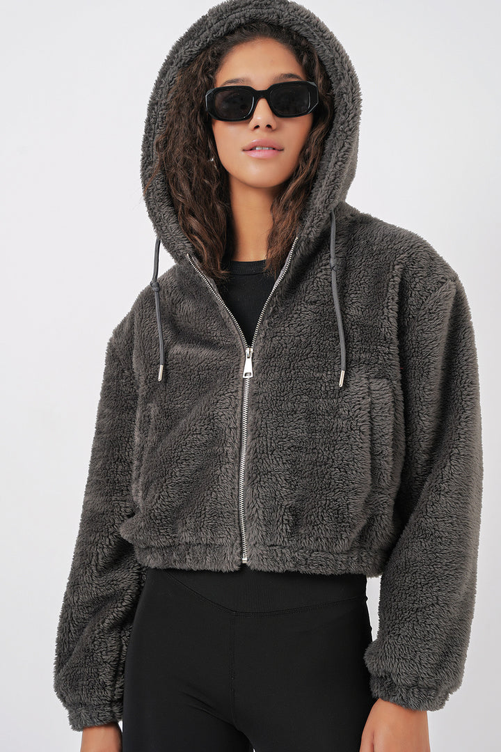 BGD Women Hooded Plush Crop Jacket - Anthracite - Bordeaux