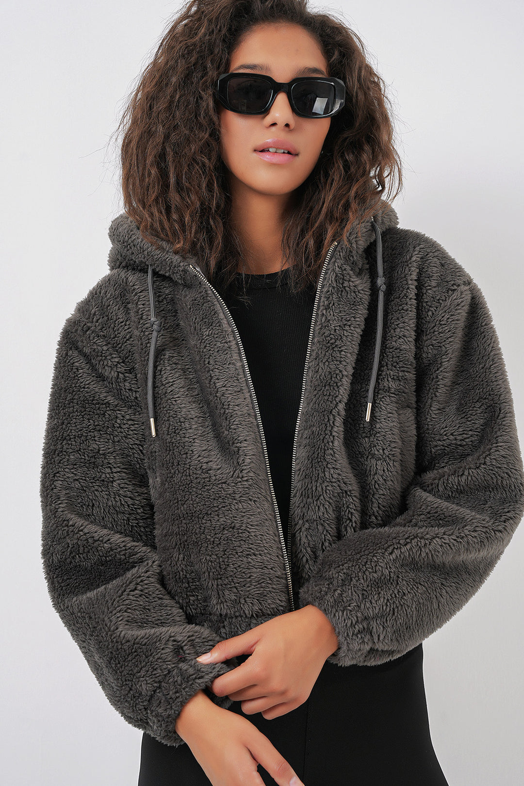 BGD Women Hooded Plush Crop Jacket - Anthracite - Bordeaux