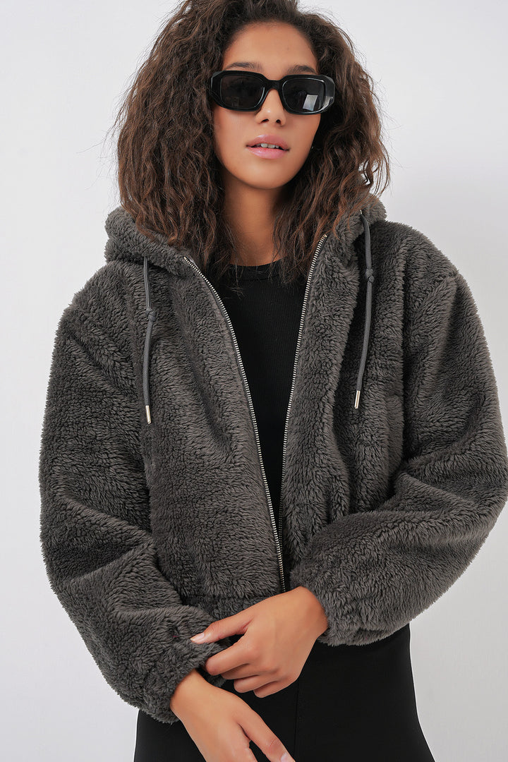 BGD Women Hooded Plush Crop Jacket - Anthracite - Bordeaux