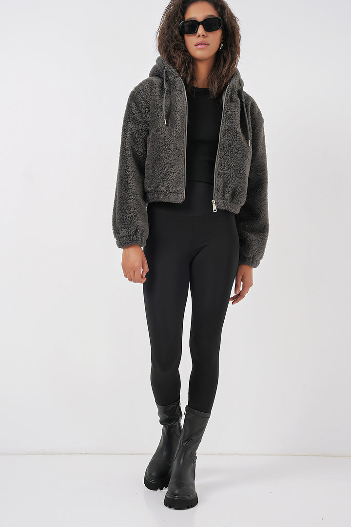 BGD Women Hooded Plush Crop Jacket - Anthracite - Bordeaux