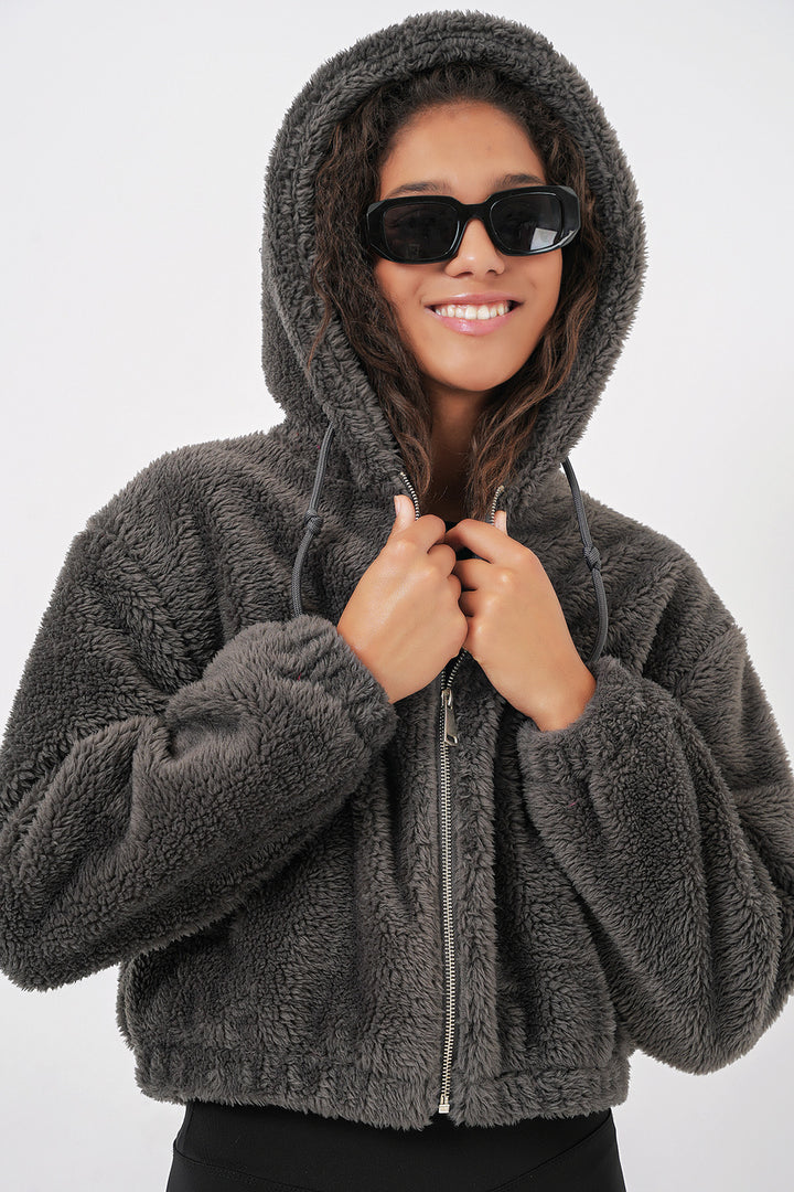 BGD Women Hooded Plush Crop Jacket - Anthracite - Bordeaux