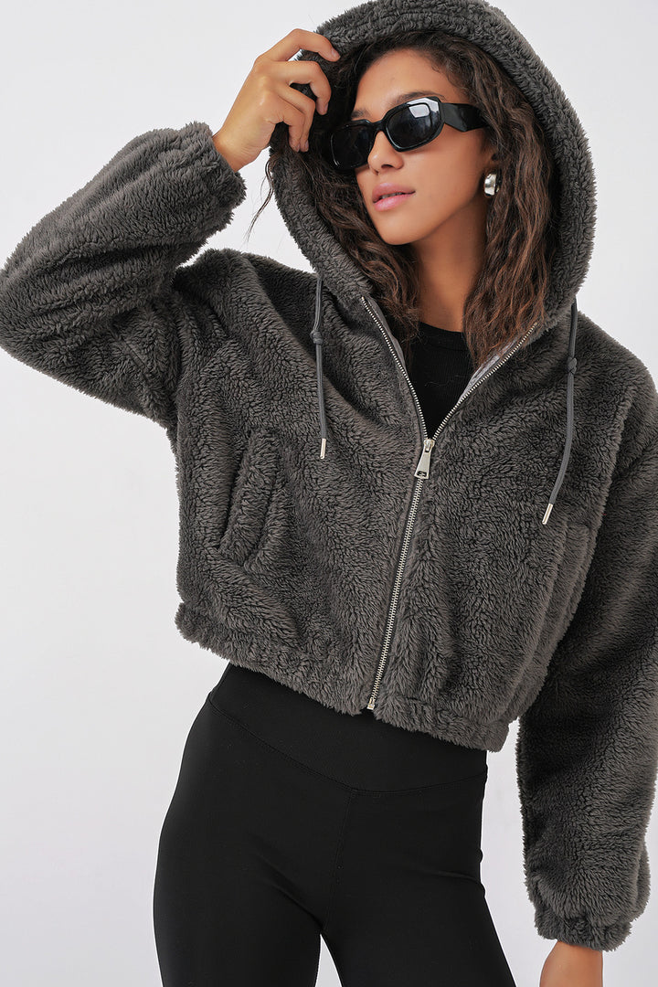BGD Women Hooded Plush Crop Jacket - Anthracite - Bordeaux