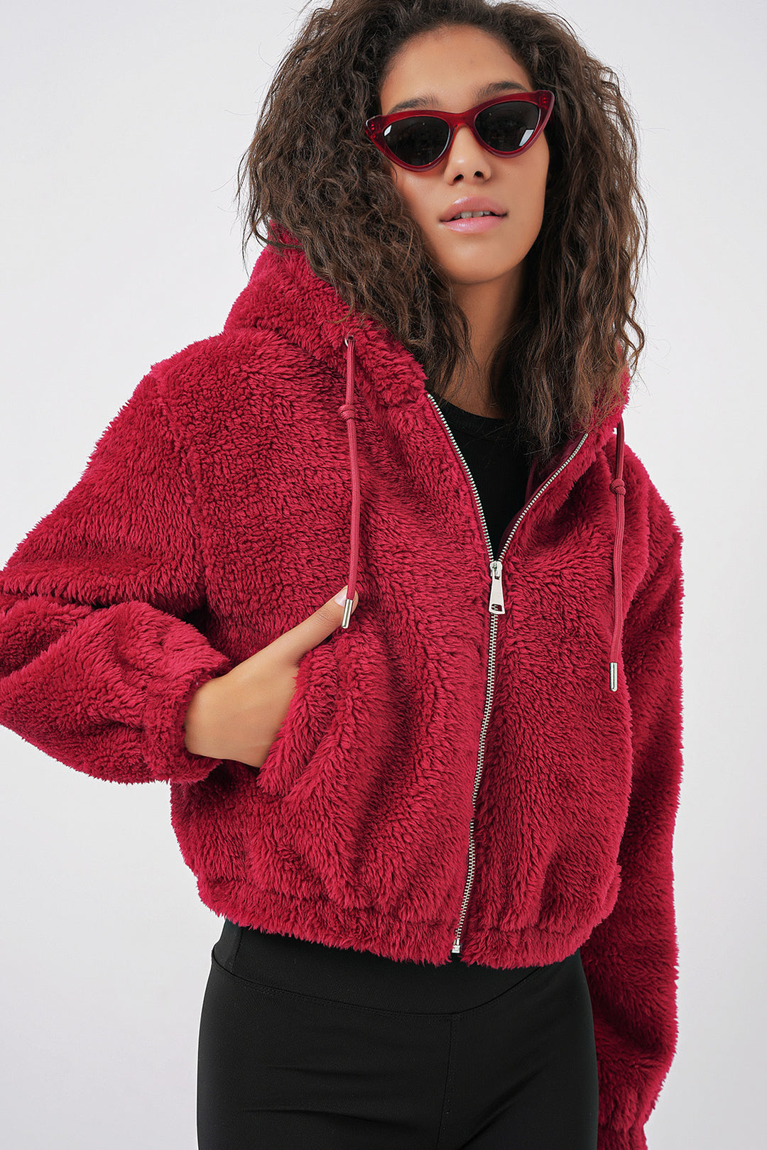 BGD Women Hooded Plush Crop Jacket - Burgundy - Pryluky