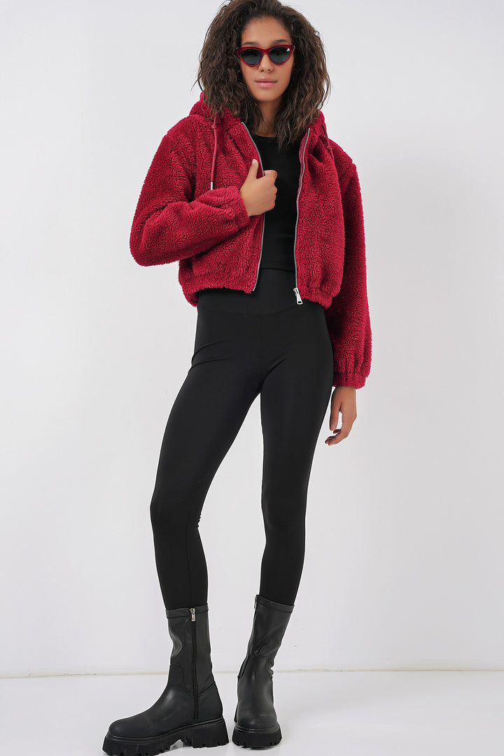 BGD Women Hooded Plush Crop Jacket - Burgundy - Pryluky