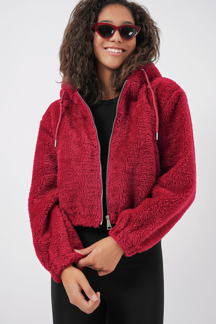 BGD Women Hooded Plush Crop Jacket - Burgundy - Pryluky
