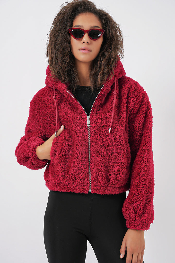 BGD Women Hooded Plush Crop Jacket - Burgundy - Pryluky