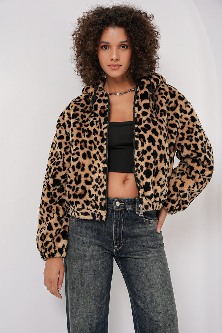 BGD Women Hooded Plush Crop Jacket - Dark Brown - Flagstaff