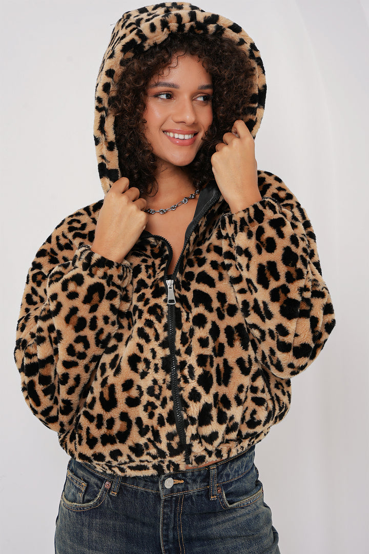 BGD Women Hooded Plush Crop Jacket - Dark Brown - Flagstaff