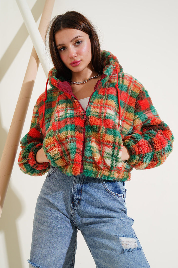 BGD Women Hooded Plush Crop Jacket - Multi-colored - Ensenada