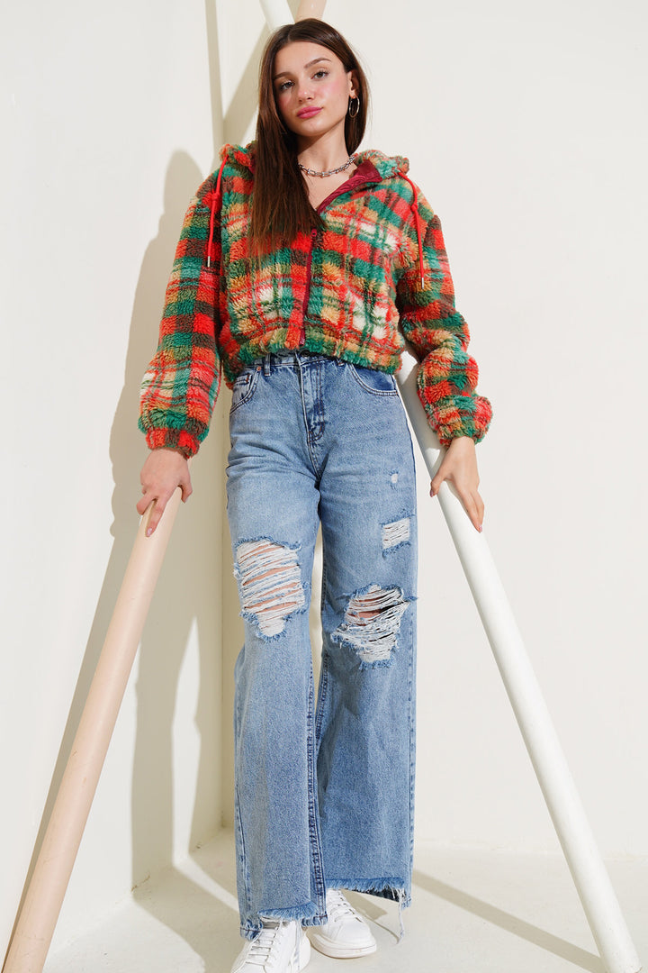 BGD Women Hooded Plush Crop Jacket - Multi-colored - Ensenada