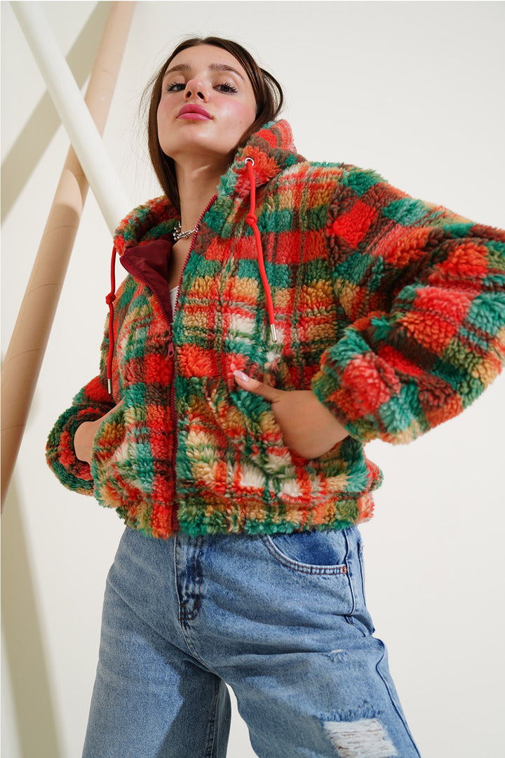BGD Women Hooded Plush Crop Jacket - Multi-colored - Ensenada
