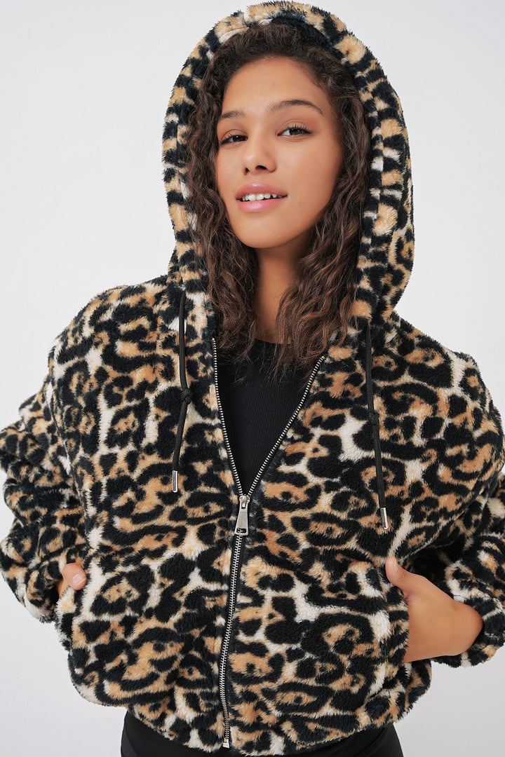 BGD Women Hooded Plush Crop Jacket - Dark Brown - Korosten