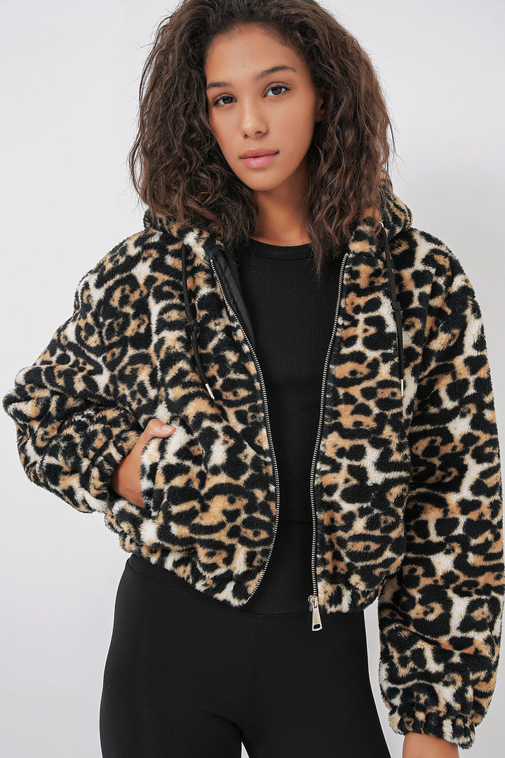 BGD Women Hooded Plush Crop Jacket - Dark Brown - Korosten