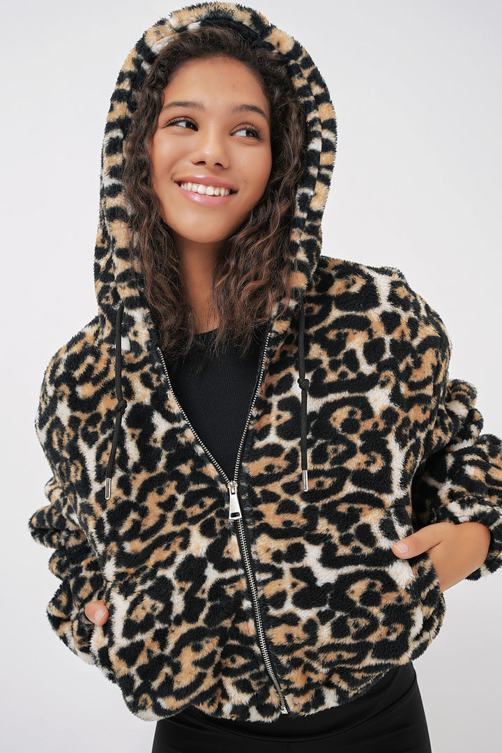 BGD Women Hooded Plush Crop Jacket - Dark Brown - Korosten
