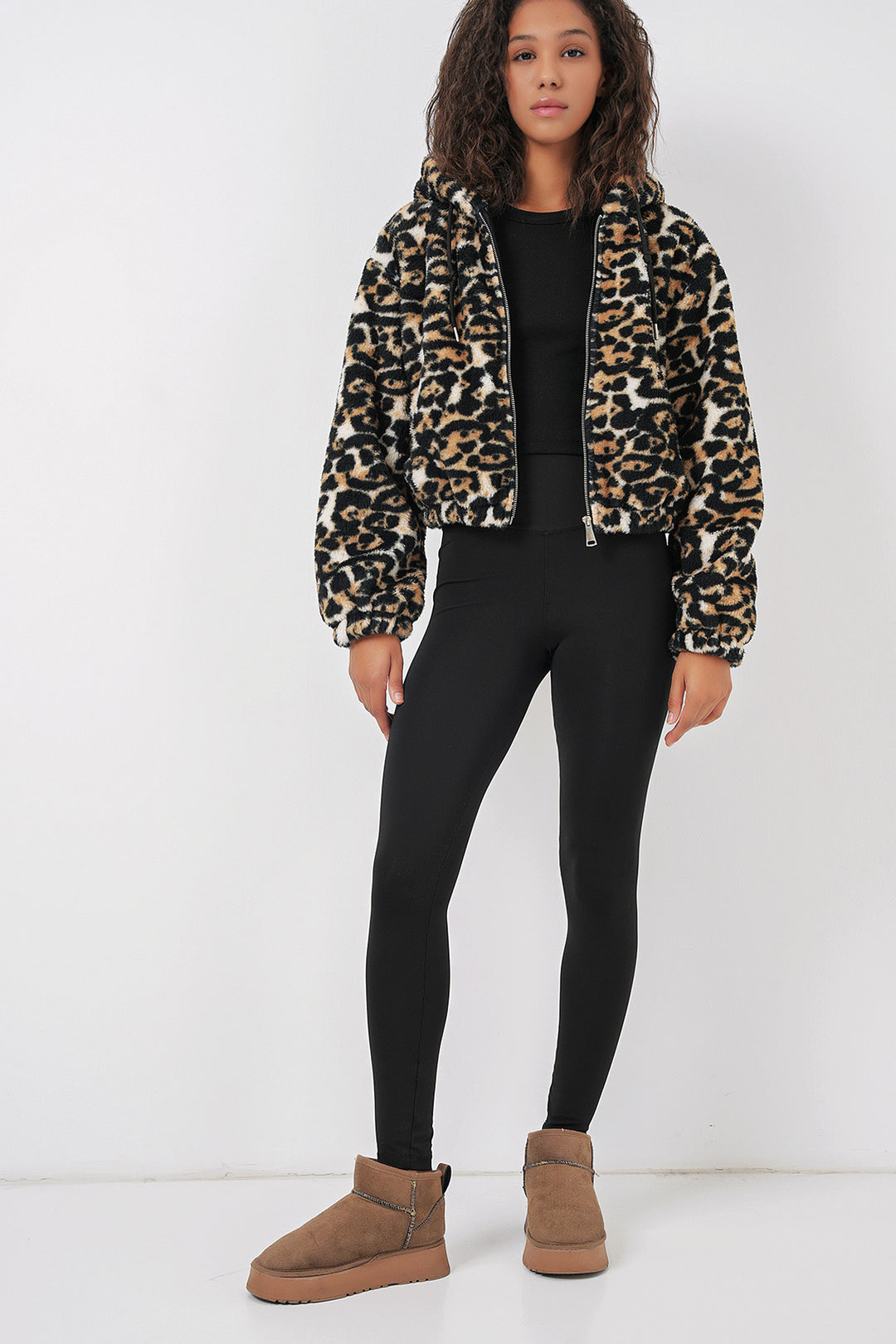 BGD Women Hooded Plush Crop Jacket - Dark Brown - Korosten