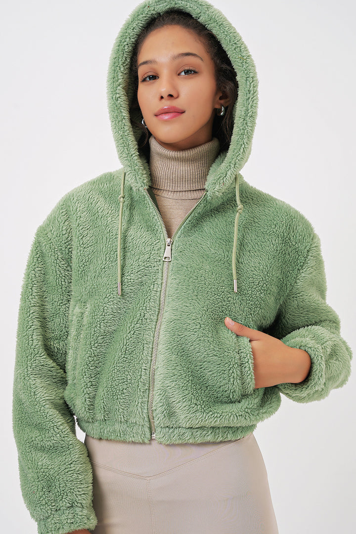 BGD Women Hooded Plush Crop Jacket - Dark Green - Macuspana