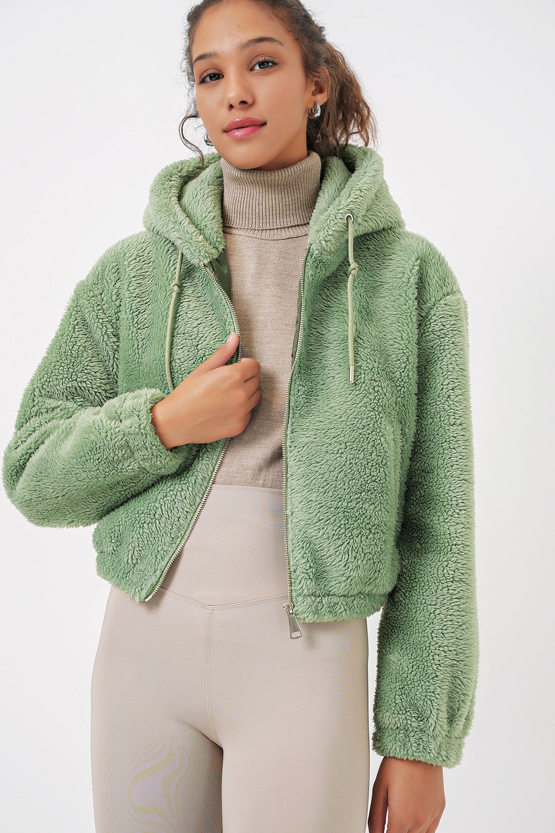 BGD Women Hooded Plush Crop Jacket - Dark Green - Macuspana