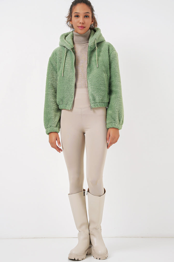 BGD Women Hooded Plush Crop Jacket - Dark Green - Macuspana