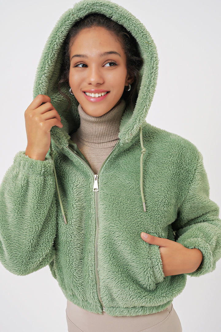 BGD Women Hooded Plush Crop Jacket - Dark Green - Macuspana
