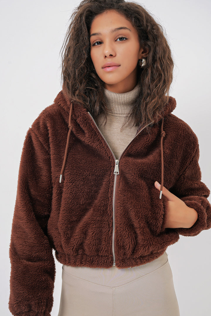 BGD Women Hooded Plush Crop Jacket - Brown - Dover
